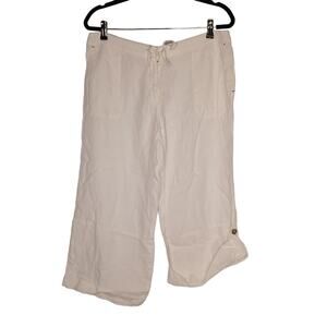 Seasalt Roll Cuff Straight Wide Leg 100% Linen Cropped Capri Pants White Sheer L